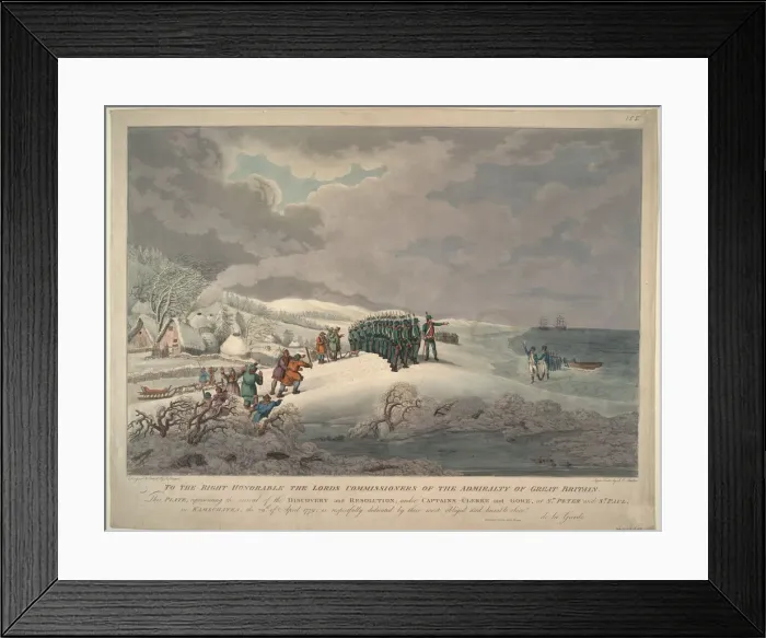 Framed Print : Arrival of the Resolution and Discovery on the east coast of Kamchatka, 1779. Artist: Eckstein Framed Print : Arrival of the Resolution and Discovery on the east coast of Kamchatka, 1779. Artist: Eckstein