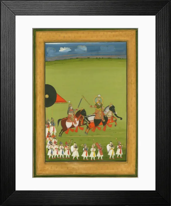 Framed Print : Rajah and son on horses disguised as elephants, and suite of attendants, c. 1810 Framed Print : Rajah and son on horses disguised as elephants, and suite of attendants, c. 1810