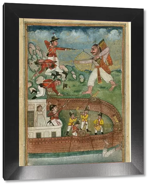 Indian demons attacking fort defended by european troops, c. 1790. Artist: Indian Art