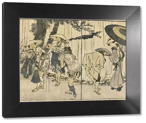 People in the rain, 1819, (1924). Creator: Hokusai