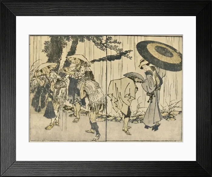 Framed Print : People in the rain, 1819, (1924). Creator: Hokusai