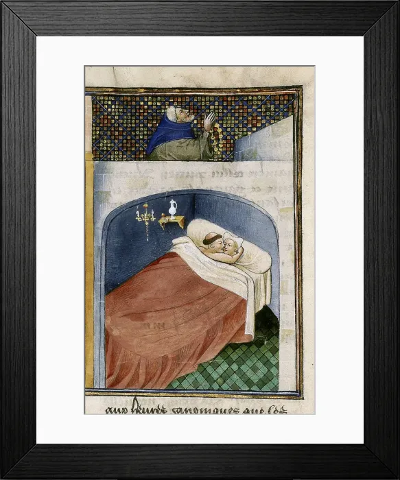 Framed Print : The monk sleeps with the wife while the husband is praying, 1460s. Creator: Anonymous Framed Print : The monk sleeps with the wife while the husband is praying, 1460s. Creator: Anonymous