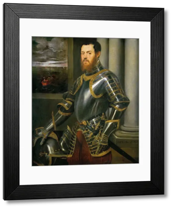 Framed Print : Portrait of a Man in a Gold decorated Suit of Armor, ca 1555. Creator: Tintoretto Framed Print : Portrait of a Man in a Gold decorated Suit of Armor, ca 1555. Creator: Tintoretto