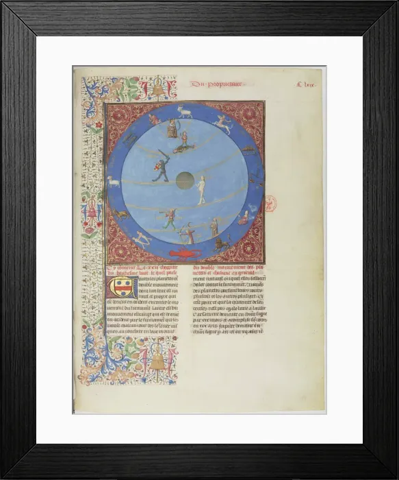 Framed Print : Celestial spheres, planets and zodiacs. Miniature from the Livre des proprietes des choses, c