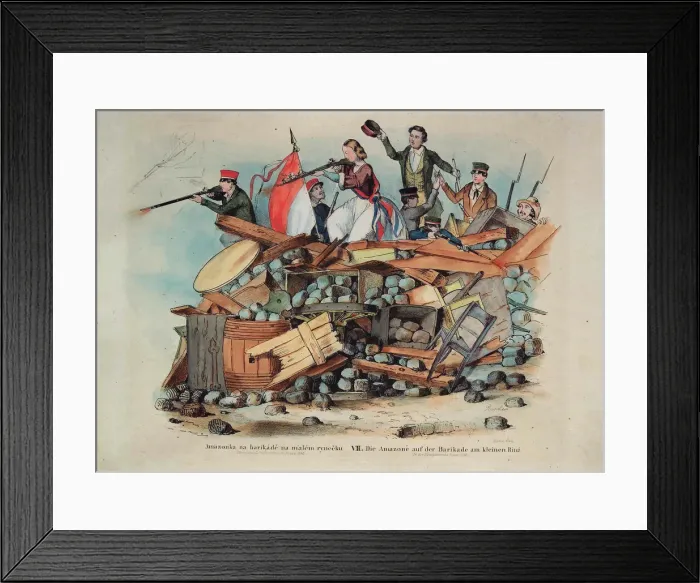 Framed Print : The Amazon on the barricade at the Small Ring in Prague, 1848. Creator: Andel, Bedrich (1821-1895) Framed Print : The Amazon on the barricade at the Small Ring in Prague, 1848. Creator: Andel, Bedrich (1821-1895)