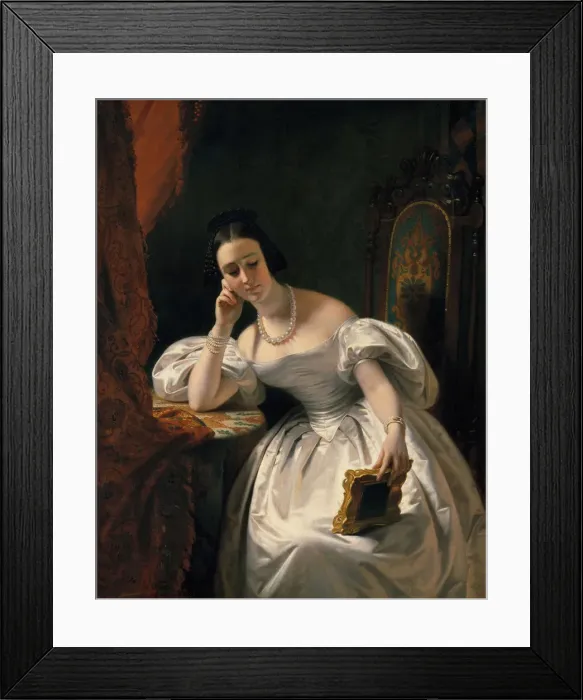Framed Print : Young girl with a portrait, c. 1840. Creator: Dubufe, Edouard Louis (1819-1883) Framed Print : Young girl with a portrait, c. 1840. Creator: Dubufe, Edouard Louis (1819-1883)