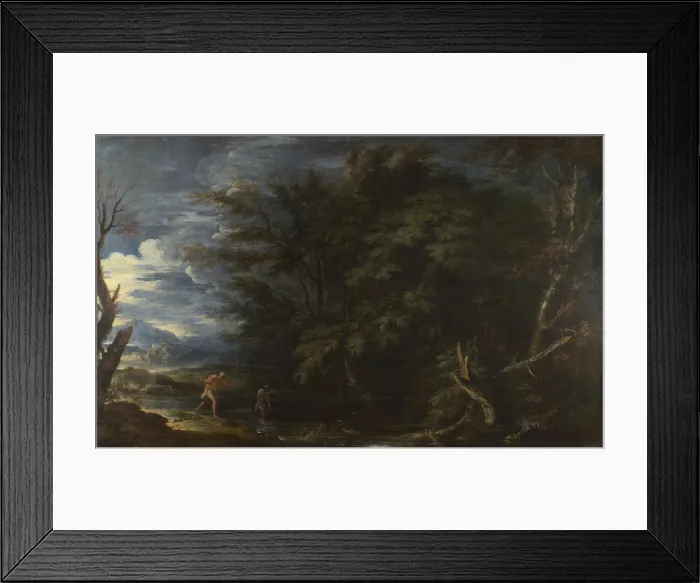 Framed Print : Landscape with Mercury and the Dishonest Woodman, ca 1663. Creator: Rosa, Salvatore (1615-1673) Framed Print : Landscape with Mercury and the Dishonest Woodman, ca 1663. Creator: Rosa, Salvatore (1615-1673)