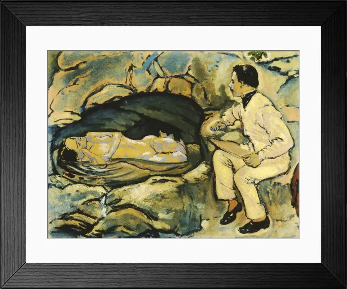 Framed Print : Self-Portrait, drawing with mermaid in the rock grotto, 1914. Creator: Moser, Koloman (1868-1918) Framed Print : Self-Portrait, drawing with mermaid in the rock grotto, 1914. Creator: Moser, Koloman (1868-1918)