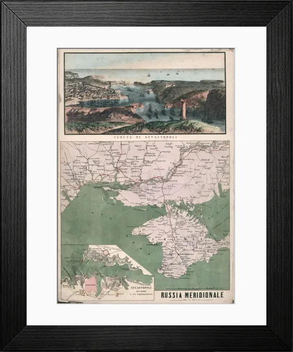 Framed Print : Map of southern Russia with view of Sevastopol Bay and its fortifications, 1853. Creator: Civelli Framed Print : Map of southern Russia with view of Sevastopol Bay and its fortifications, 1853. Creator: Civelli