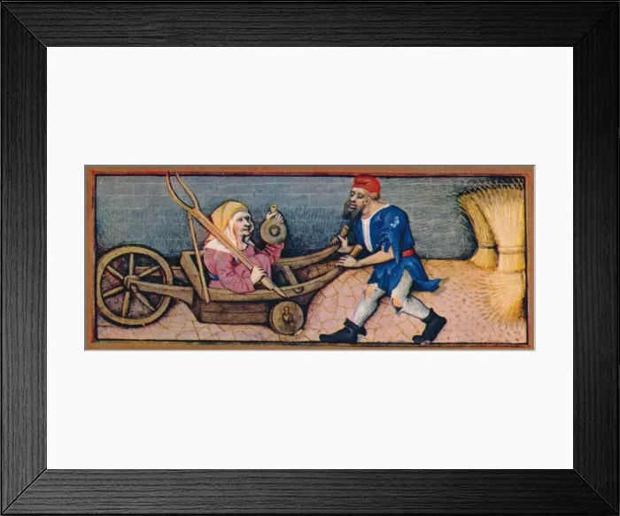 Framed Print : August - old woman in wheelbarrow, 15th century, (1939). Creator: Robinet Testard Framed Print : August - old woman in wheelbarrow, 15th century, (1939). Creator: Robinet Testard