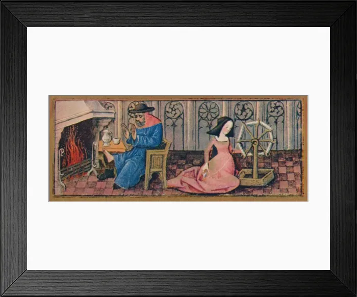 Framed Print : February - spinning, late 15th century, (1939). Creator: Robinet Testard Framed Print : February - spinning, late 15th century, (1939). Creator: Robinet Testard