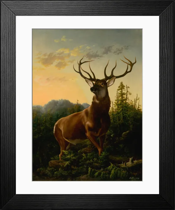 Framed Print : Deer in Forest Landscape, 1876. Creator: Brodszky, Sandor (1819-1901) Framed Print : Deer in Forest Landscape, 1876. Creator: Brodszky, Sandor (1819-1901)