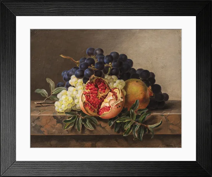 Framed Print : Pomegranates and green and blue grapes on a marble frame, 1833. Creator: Jensen, Johan Laurentz Framed Print : Pomegranates and green and blue grapes on a marble frame, 1833. Creator: Jensen, Johan Laurentz