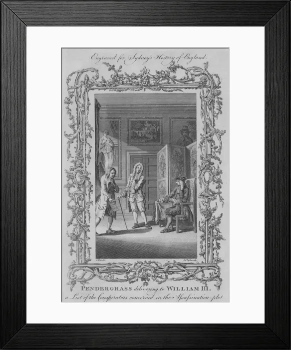 Framed Print : Pendergrass delivering to William III a List of Conspirators in the Assassination plot, 1773 Framed Print : Pendergrass delivering to William III a List of Conspirators in the Assassination plot, 1773