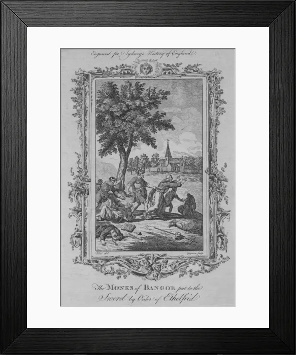 Framed Print : The Monks of Bangor put to the Sword by Order of Ethelfrid, 1773. Creator: Charles Grignion Framed Print : The Monks of Bangor put to the Sword by Order of Ethelfrid, 1773. Creator: Charles Grignion