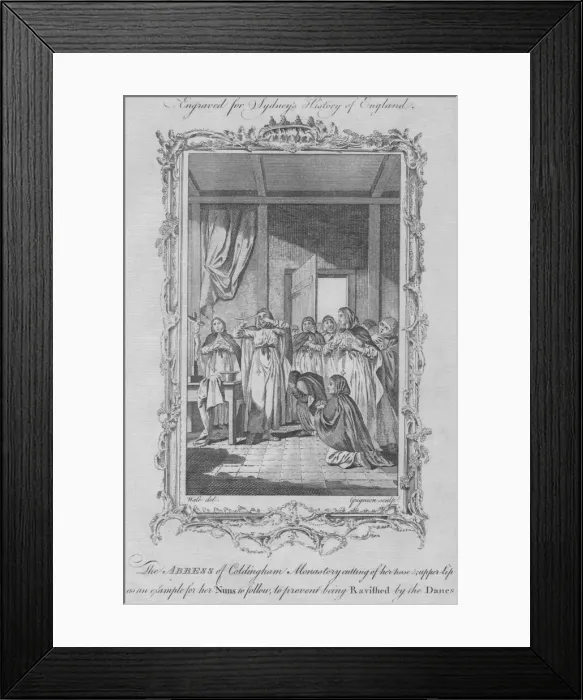 Framed Print : The Abbess of Coldingham Monastery self-mutilating to avoid rape by Viking invaders, 1773 Framed Print : The Abbess of Coldingham Monastery self-mutilating to avoid rape by Viking invaders, 1773
