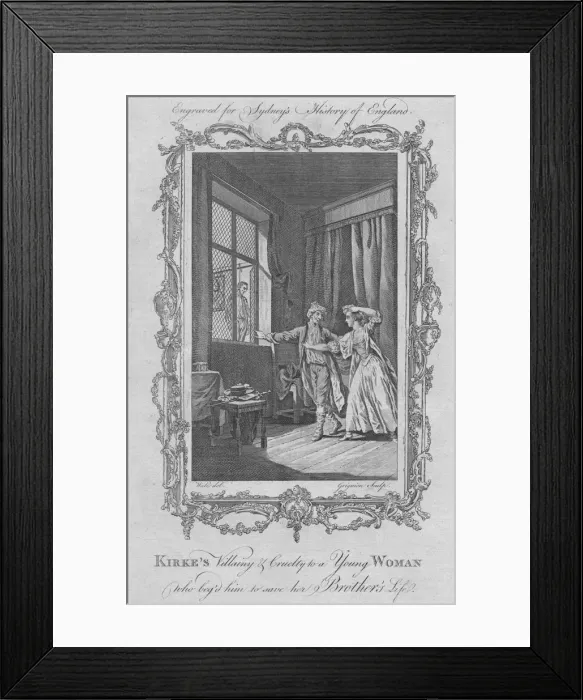 Framed Print : Kirkes villainy & cruelty to a young woman who beg d him to save his brothers life, 1773 Framed Print : Kirkes villainy & cruelty to a young woman who beg d him to save his brothers life, 1773