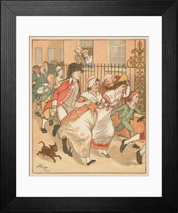 Framed Print : Neighbours rushing to help the good man of Islington, c1879. Creator: Randolph Caldecott Framed Print : Neighbours rushing to help the good man of Islington, c1879. Creator: Randolph Caldecott
