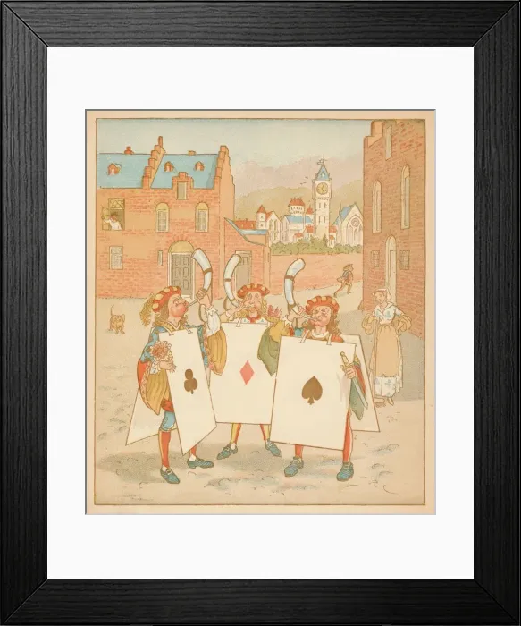 Framed Print : Horn-blowers wearing playing cards, 1880. Creator: Randolph Caldecott Framed Print : Horn-blowers wearing playing cards, 1880. Creator: Randolph Caldecott