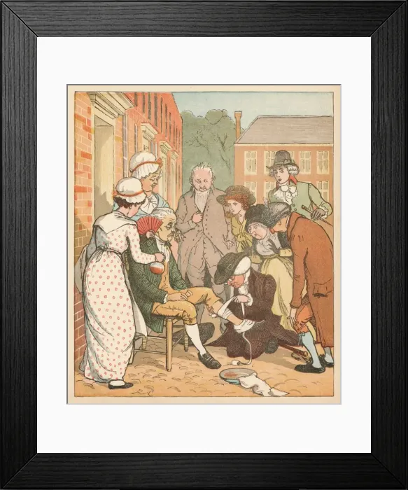 Framed Print : Neighbours dressing the good man of Islingtons bite, c1879. Creator: Randolph Caldecott Framed Print : Neighbours dressing the good man of Islingtons bite, c1879. Creator: Randolph Caldecott