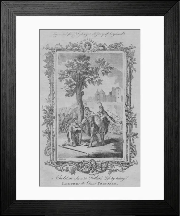 Framed Print : Athelstan saves his Fathers life by taking Leofrid the Dane Prisoner, 1773. Creator Framed Print : Athelstan saves his Fathers life by taking Leofrid the Dane Prisoner, 1773. Creator