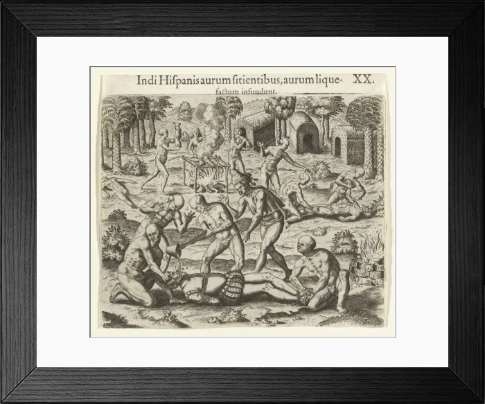 Framed Print : Indians pour liquid gold into the mouth of a Spaniard, 1594. Creator: Bry, Theodor de (1528-1598) Framed Print : Indians pour liquid gold into the mouth of a Spaniard, 1594. Creator: Bry, Theodor de (1528-1598)