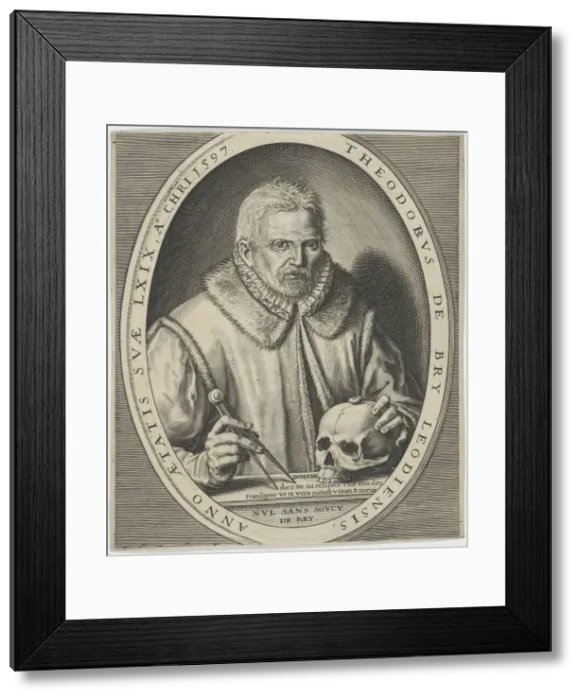 Framed Print : Portrait of Theodor de Bry (1528-1598), ca. 1597. Creator: Bry, Johann Theodor de (1561-1623) Framed Print : Portrait of Theodor de Bry (1528-1598), ca. 1597. Creator: Bry, Johann Theodor de (1561-1623)