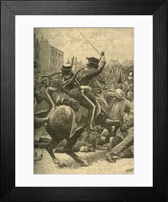 Framed Print : The Peterloo Massacre: hussars charging the people, Manchester, 1819 (c1890). Creator: Unknown Framed Print : The Peterloo Massacre: hussars charging the people, Manchester, 1819 (c1890). Creator: Unknown