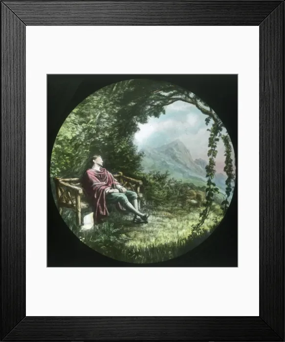 Framed Print : Christian rests in the arbour and loses his scroll, c1910. Creator: Unknown Framed Print : Christian rests in the arbour and loses his scroll, c1910. Creator: Unknown