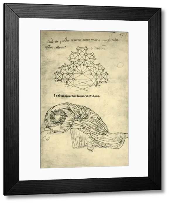 Framed Print : Church plan and sleeping apostle, 1220-1240, (1943). Creator: Villard de Honnecourt Framed Print : Church plan and sleeping apostle, 1220-1240, (1943). Creator: Villard de Honnecourt