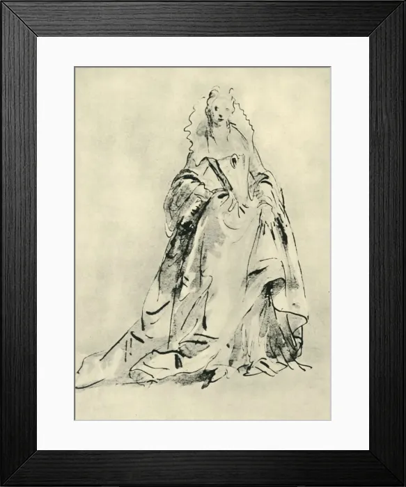 Framed Print : A lady wearing a gown with high collar and pointed bodice, early 18th century, (1943) Framed Print : A lady wearing a gown with high collar and pointed bodice, early 18th century, (1943)