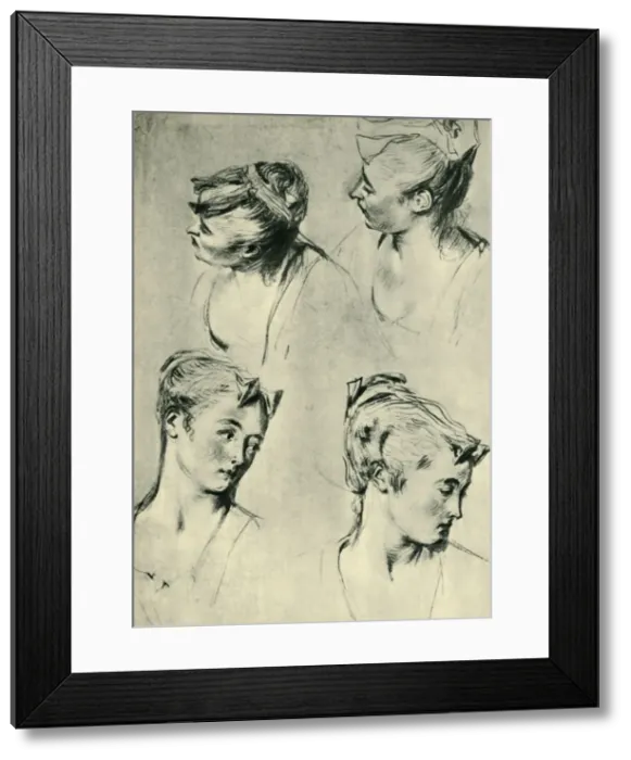 Framed Print : Four studies of female heads, early 18th century, (1943). Creator: Jean-Antoine Watteau Framed Print : Four studies of female heads, early 18th century, (1943). Creator: Jean-Antoine Watteau