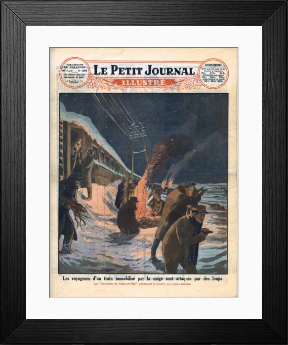 Framed Print : Stranded train passengers are attacked by wolves, 1929. Creator: Unknown Framed Print : Stranded train passengers are attacked by wolves, 1929. Creator: Unknown