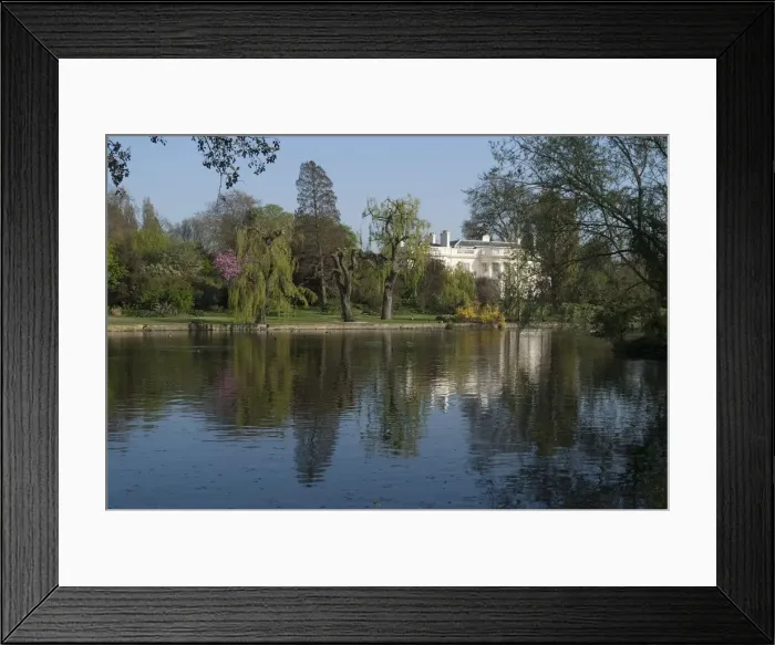 Framed Print : Regents Park - Reflections of the gardens and Bedford College, London, NW1, England Framed Print : Regents Park - Reflections of the gardens and Bedford College, London, NW1, England