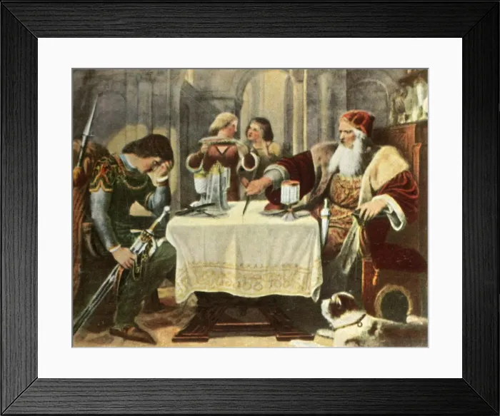 Framed Print : Eberhard cuts in half the tablecloth between himself and his son Ulrich, 1377, (1936) Framed Print : Eberhard cuts in half the tablecloth between himself and his son Ulrich, 1377, (1936)