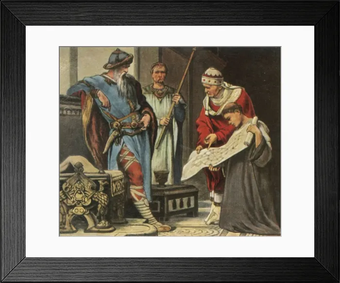 Framed Print : Charlemagne is shown the plans for the Palatine Chapel in Aachen, (1936). Creator: Unknown Framed Print : Charlemagne is shown the plans for the Palatine Chapel in Aachen, (1936). Creator: Unknown