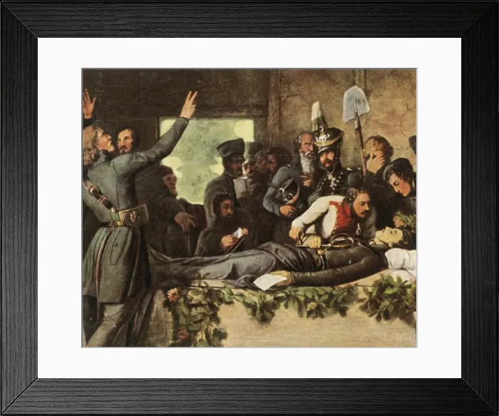 Framed Print : Men of the Lützow Free Corps with Korners body, 26 August 1813, (1936) Framed Print : Men of the Lützow Free Corps with Korners body, 26 August 1813, (1936)