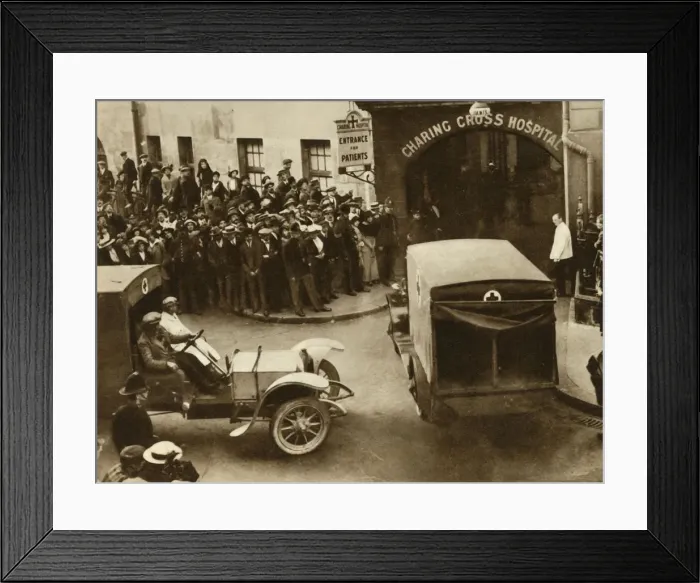 Framed Print : Ambulances carrying wounded... into Charing Cross Hospital, London, 1914, (1935) Framed Print : Ambulances carrying wounded... into Charing Cross Hospital, London, 1914, (1935)