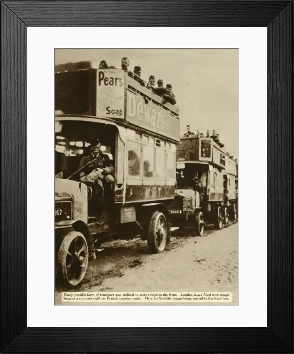 Framed Print : London buses taking Scottish troops to the front, First World War, 1914, (1935). Creator: Unknown Framed Print : London buses taking Scottish troops to the front, First World War, 1914, (1935). Creator: Unknown