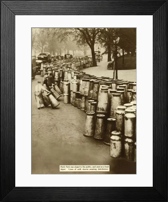 Framed Print : Milk churns at Hyde Park during the General Strike, London, 1926, (1935). Creator: Unknown Framed Print : Milk churns at Hyde Park during the General Strike, London, 1926, (1935). Creator: Unknown