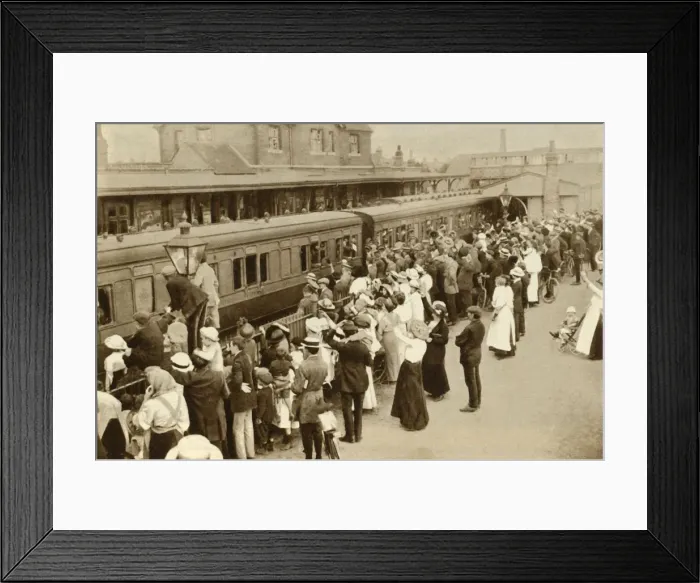 Framed Print : Crowds waving off troops leaving to fight in the First World, War, Britain, 1914, (1935)