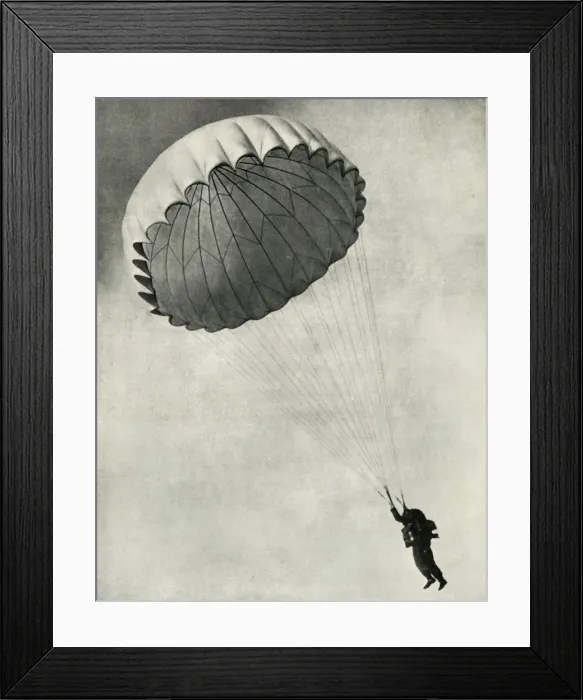 Framed Print : Airman using a parachute during the Second World War, 1941. Creator: Charles Brown Framed Print : Airman using a parachute during the Second World War, 1941. Creator: Charles Brown