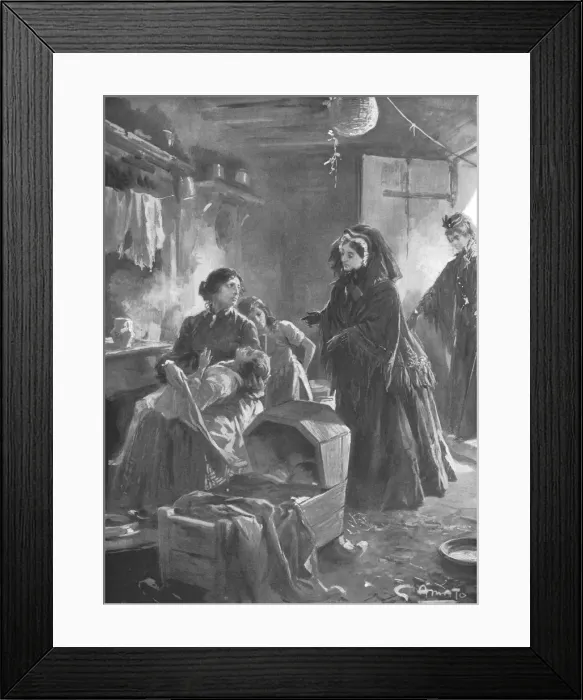 Framed Print : Queen Victoria and the poor: Her Majesty visiting a cottage home, (1901). Creator Framed Print : Queen Victoria and the poor: Her Majesty visiting a cottage home, (1901). Creator