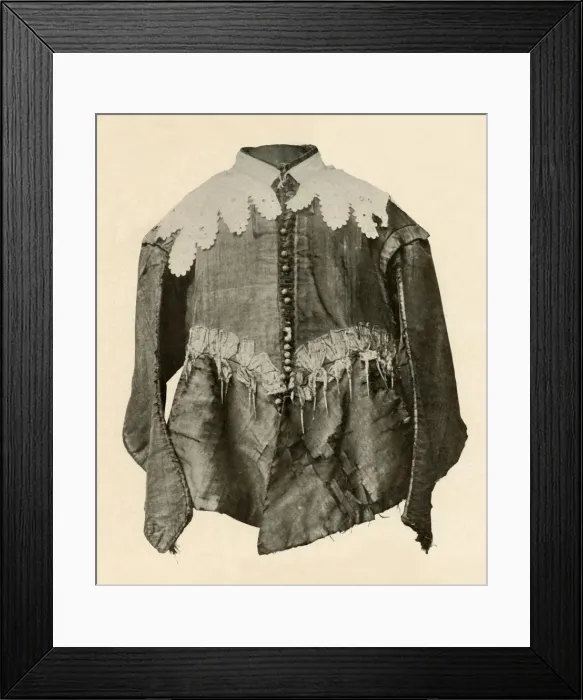 Framed Print : Doublet of black silk trimmed with points of galloon with silver aiglets, c17th century, (1937) Framed Print : Doublet of black silk trimmed with points of galloon with silver aiglets, c17th century, (1937)