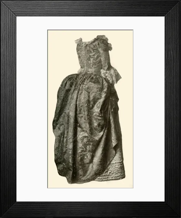 Framed Print : Gown of yellow damask brocade worn over a blue quilted satin petticoat, c1710-1730, (1937) Framed Print : Gown of yellow damask brocade worn over a blue quilted satin petticoat, c1710-1730, (1937)