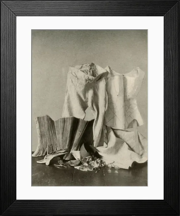 Framed Print : Two pairs of stays; breeches; bead bag; purse and quilted petticot, c18th century, (1937) Framed Print : Two pairs of stays; breeches; bead bag; purse and quilted petticot, c18th century, (1937)