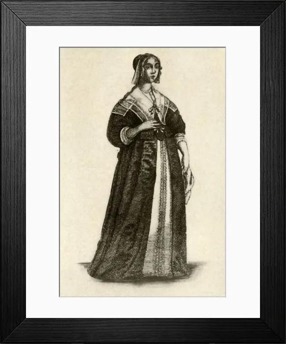 Framed Print : An English lady in house dress, 1640, (1937). Creator: Unknown Framed Print : An English lady in house dress, 1640, (1937). Creator: Unknown