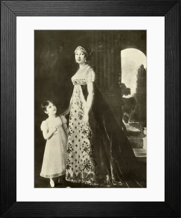 Framed Print : Empire gown and childs dress trimmed with Valenciennes lace, 1804, (1937). Creator: Unknown Framed Print : Empire gown and childs dress trimmed with Valenciennes lace, 1804, (1937). Creator: Unknown