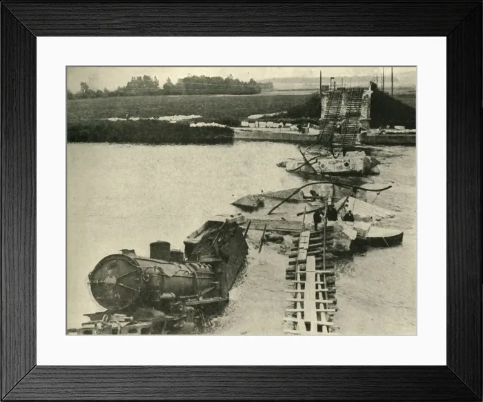 Framed Print : Bombed bridge and derailed train, northern France, First World War, 1914, (c1920) Framed Print : Bombed bridge and derailed train, northern France, First World War, 1914, (c1920)