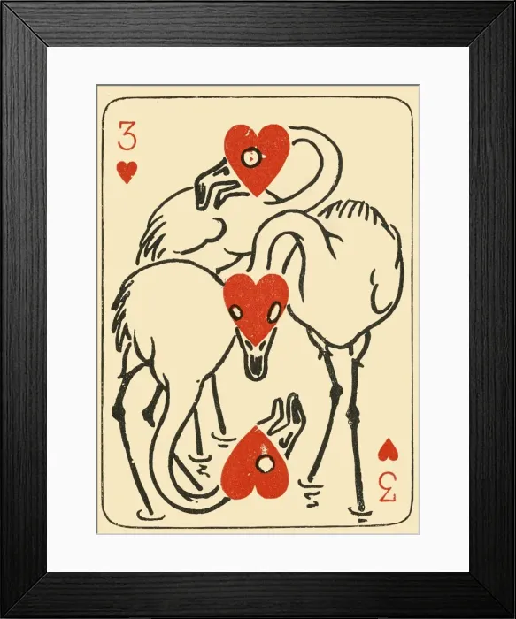 Framed Print : Three weird cranes formed out of the three of hearts, 1910. Creator: Starr Wood Framed Print : Three weird cranes formed out of the three of hearts, 1910. Creator: Starr Wood